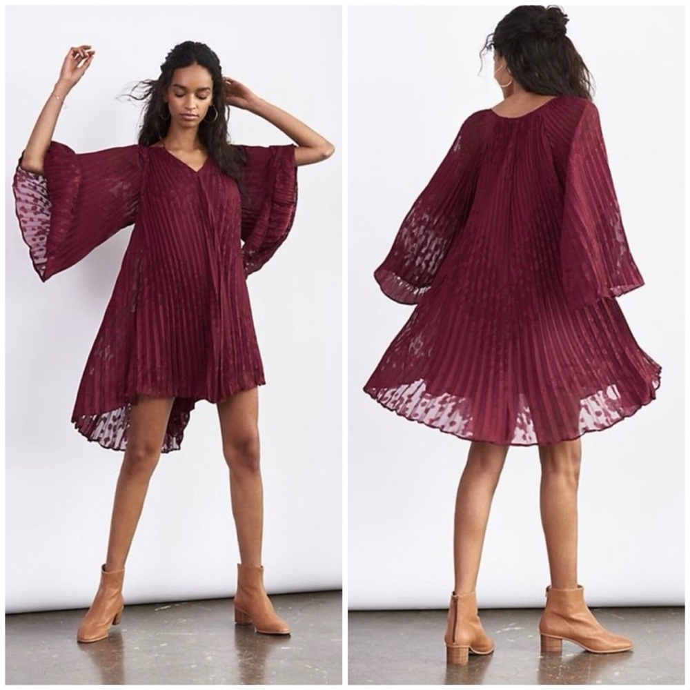 ANTHROPOLOGIE TOULON Burgundy High Low Pleated Dress Size Small